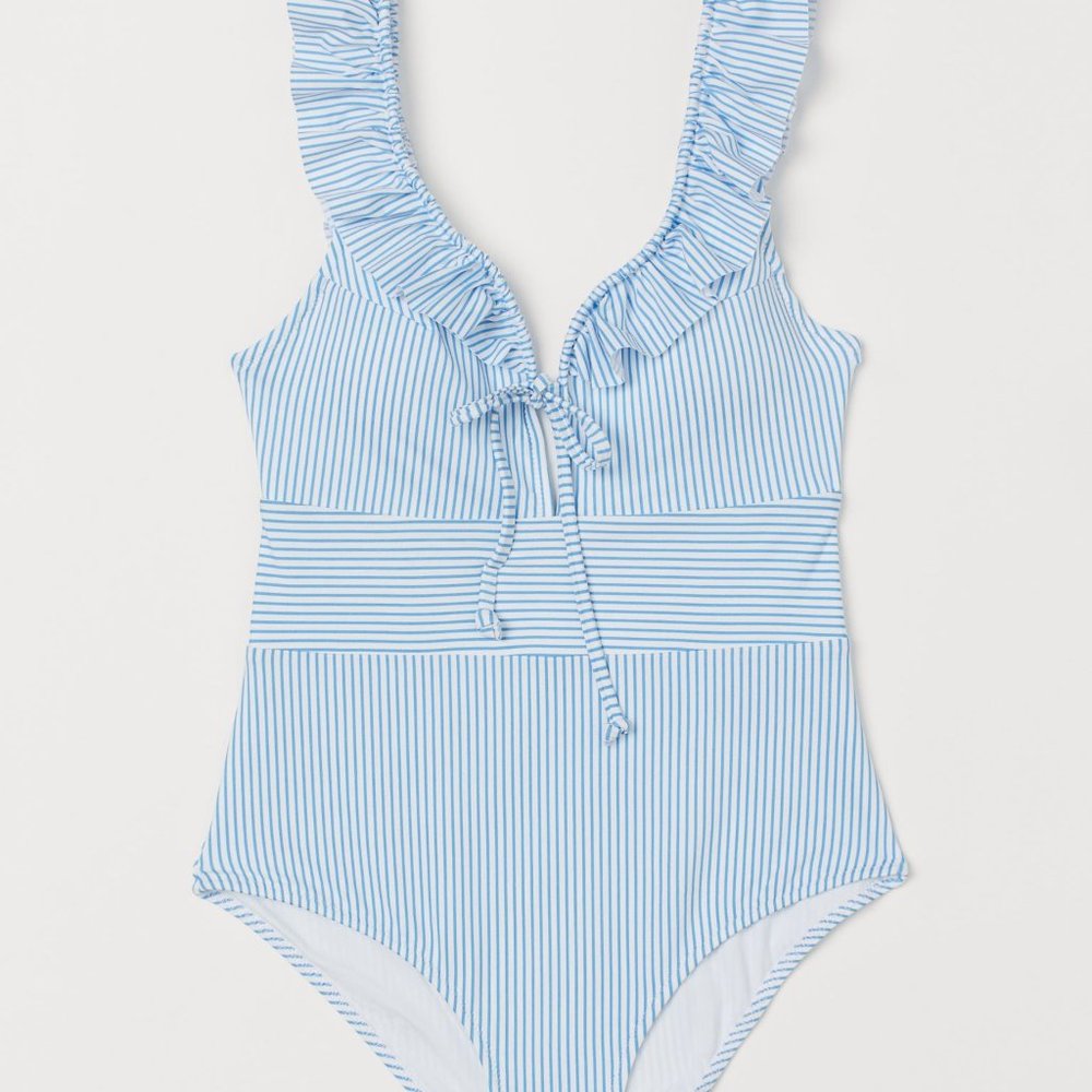 Vintage Inspired Nautical One-Piece Swimsuit with Ruffles